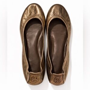 Tory Burch Gold Metallic Leather Ballet Flats Size 8.5 Logo Reva Style